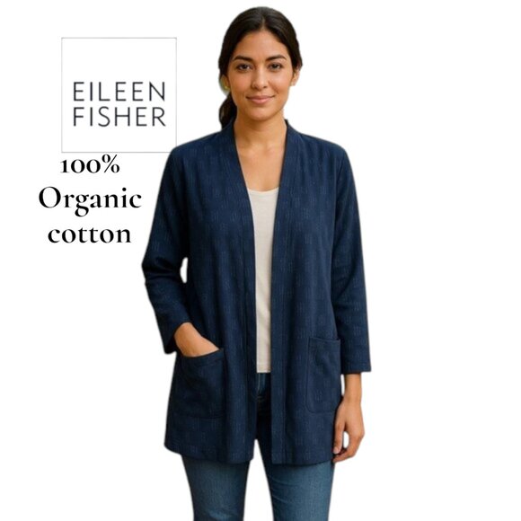 EILEEN FISHER XS Kimono Jacket Blue Organic Cotton Geometric Made in India - Picture 1 of 11